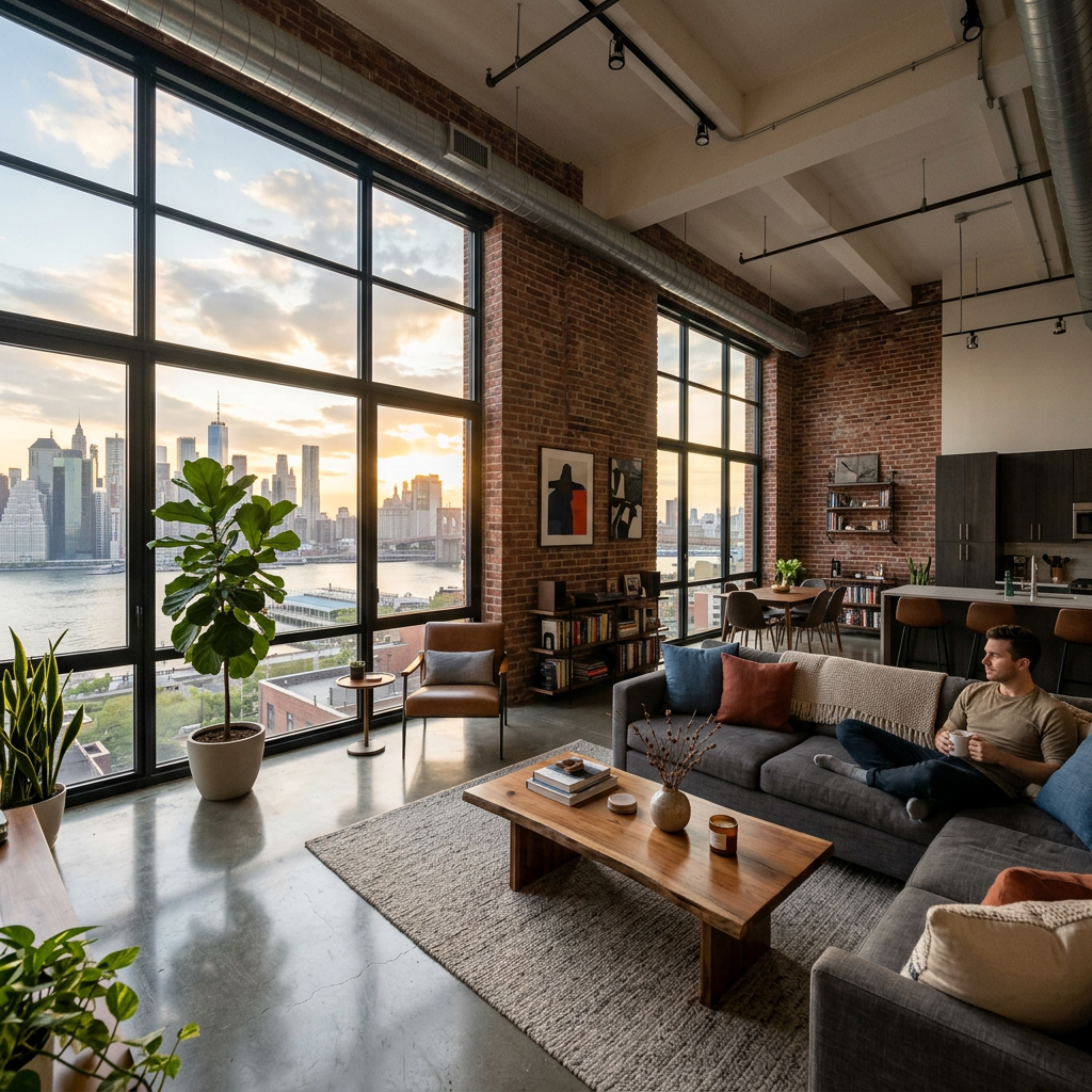 Spacious loft with brick walls, large windows, modern furniture, and city skyline view at sunset.