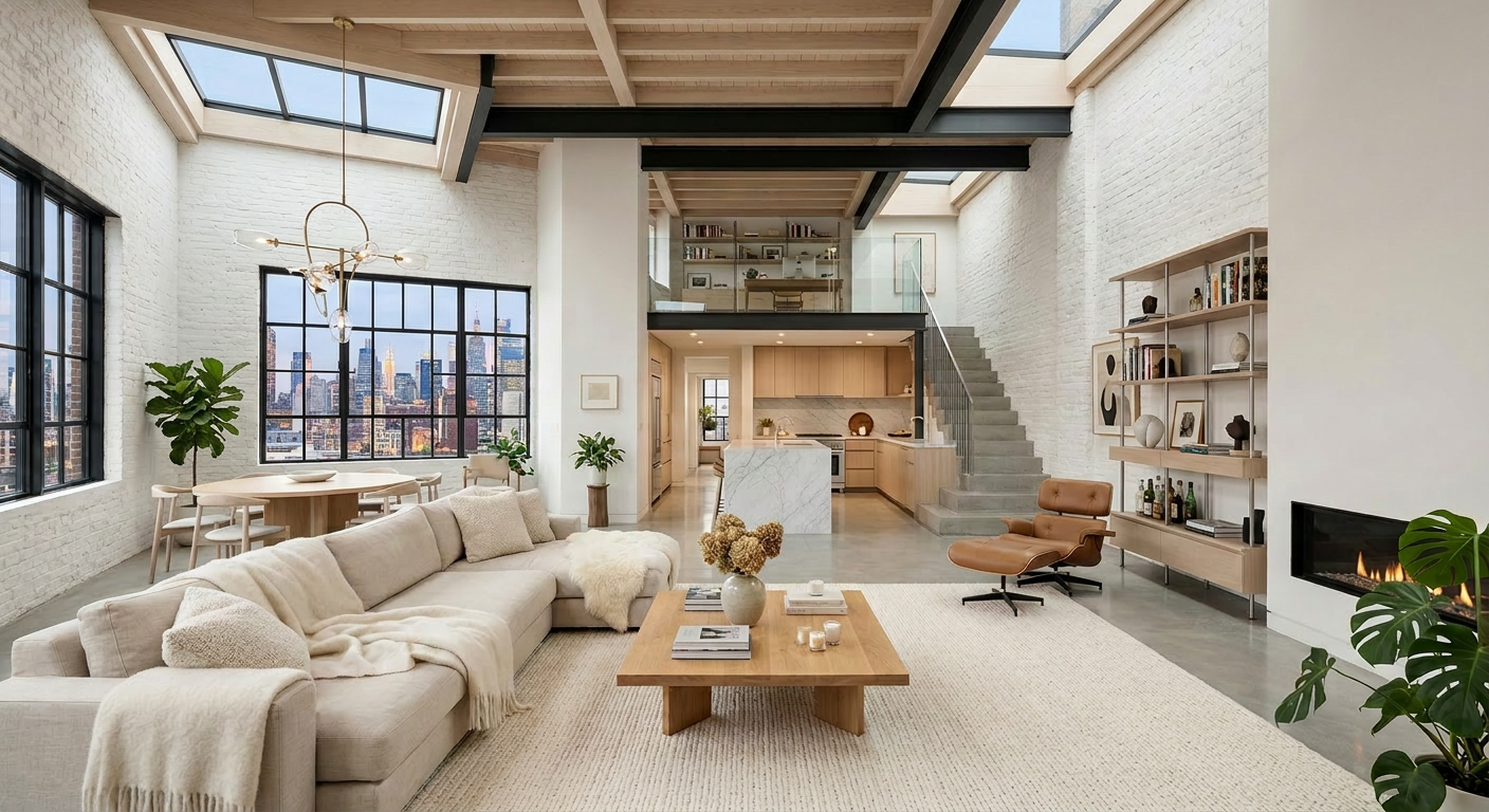 Spacious modern loft living room with beige sectional sofa, wood coffee table, leather lounge chair, fireplace, and city skyline visible through large windows